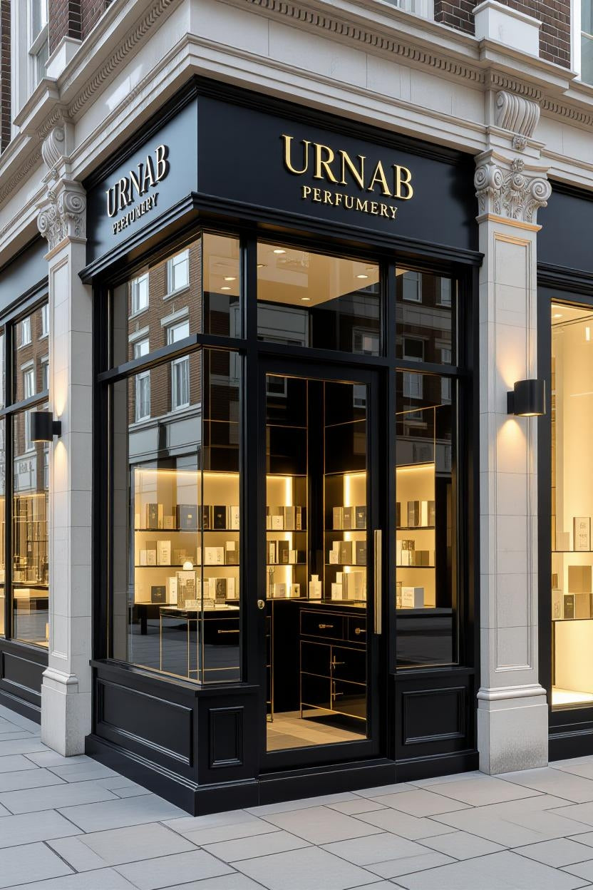 Urnab Perfumery store front with illuminated interior